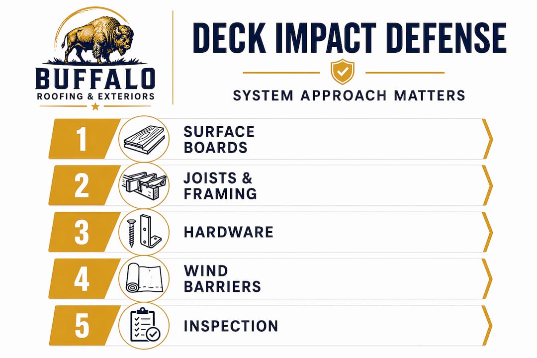 Vertical infographic showing deck impact resistance system steps