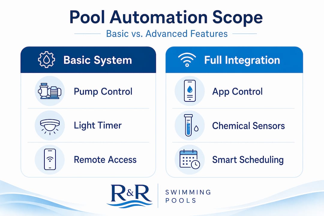 Infographic comparing basic vs advanced pool automation features