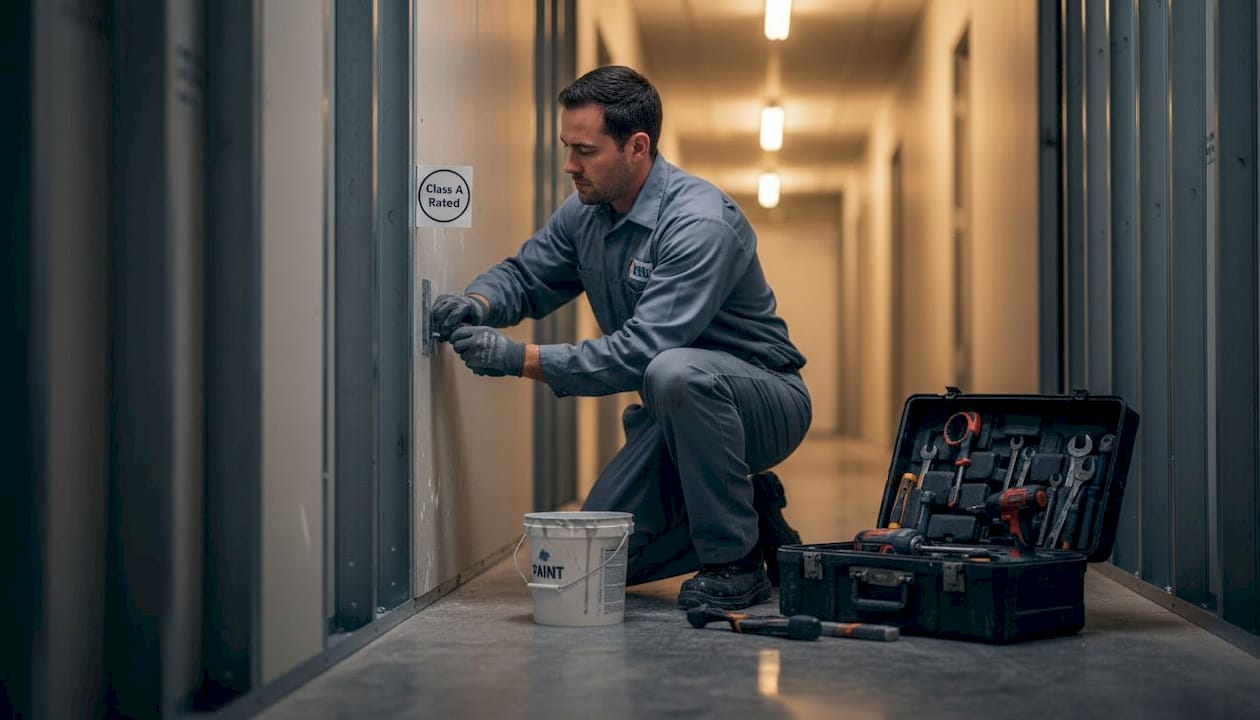 Worker installs labeled fire-rated wall panel