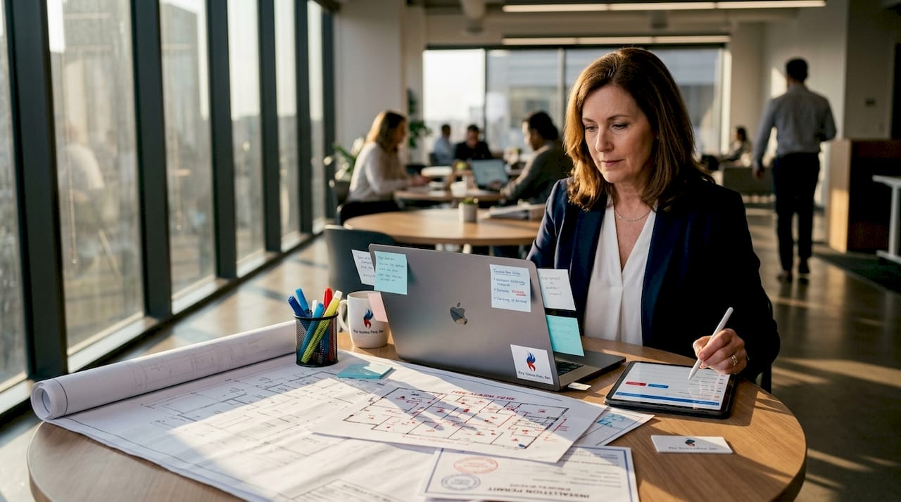 Woman updating fire zone plan after renovation