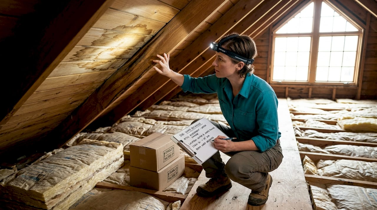 Contractor inspecting attic water stains after storm