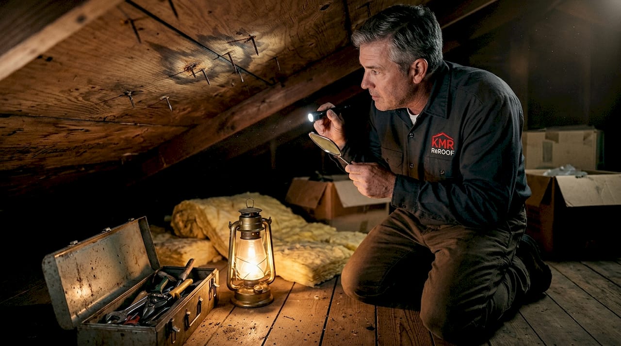 Property manager checks rusted attic nails