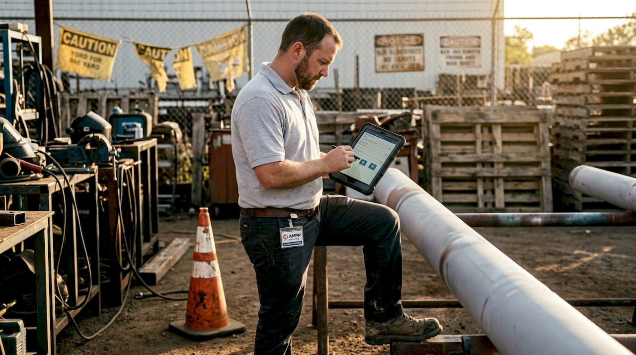 Inspector documenting pipeline coating QA