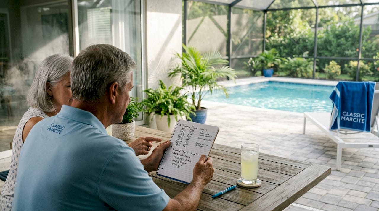 Couple reviewing pool water loss records