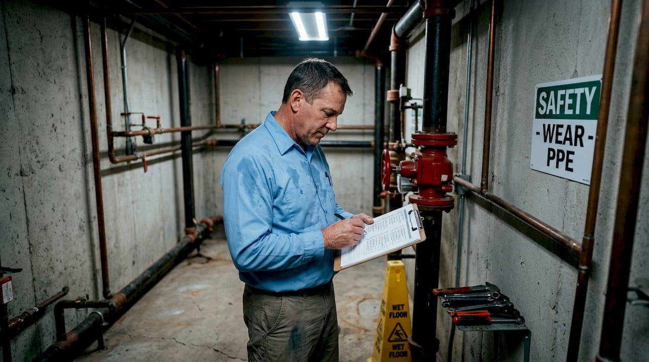 Technician inspecting sprinkler system records on clipboard