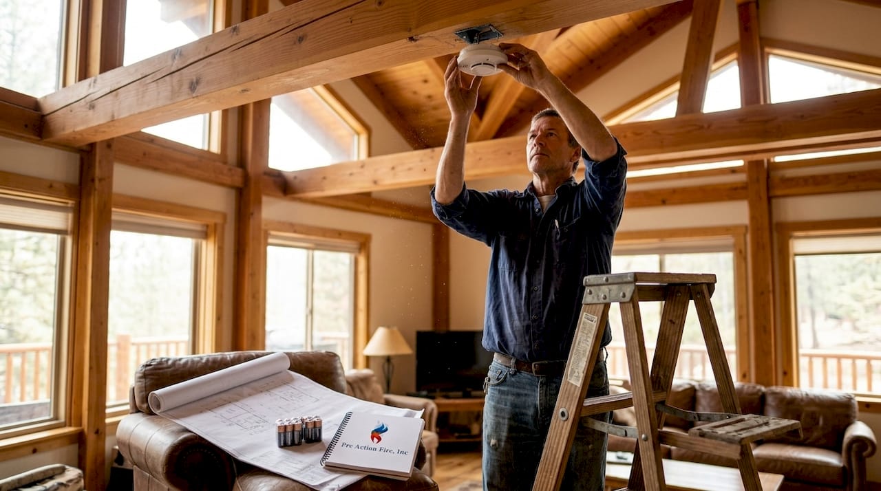 Handyman installing smoke alarm on vaulted ceiling