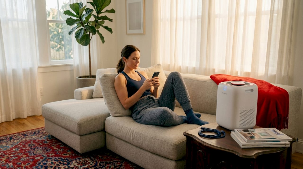 Portable air cleaner running in modern living room