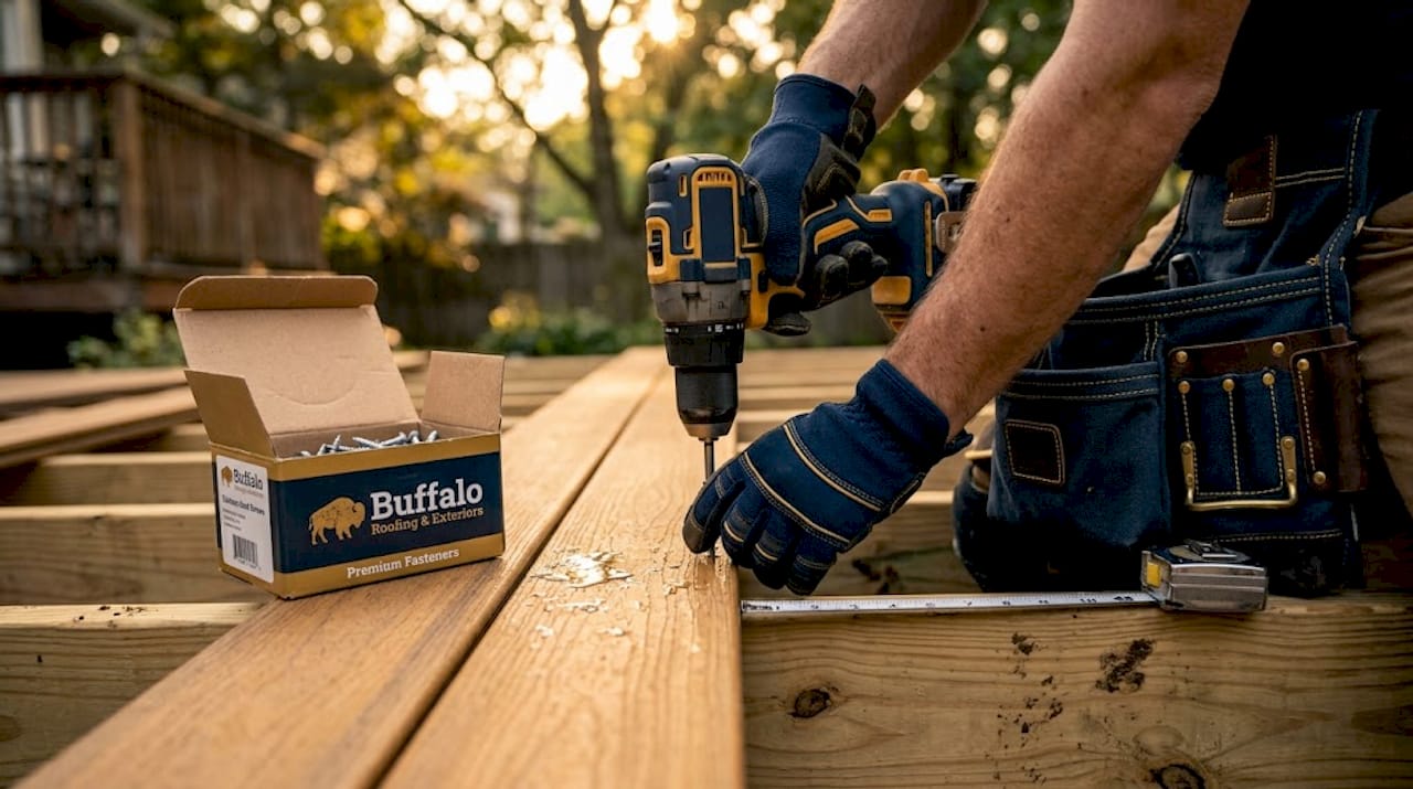 Installer securing composite deck board close up