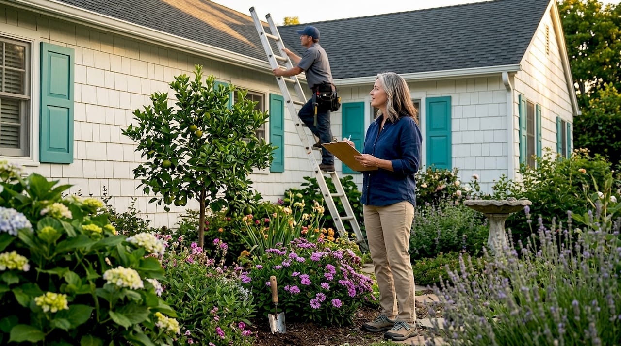 Homeowner and contractor inspecting new roof