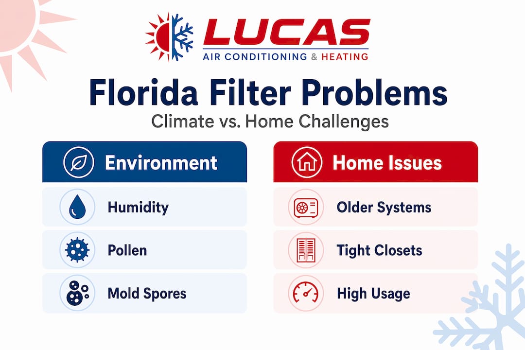 Split infographic Florida climate and home filter issues