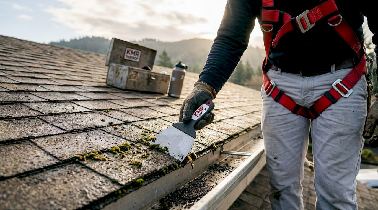 Roofer removing moss from shingle roof