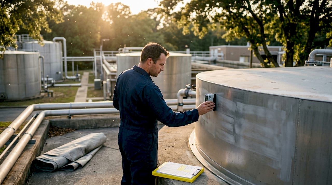 Inspector checking fluoropolymer coated tank