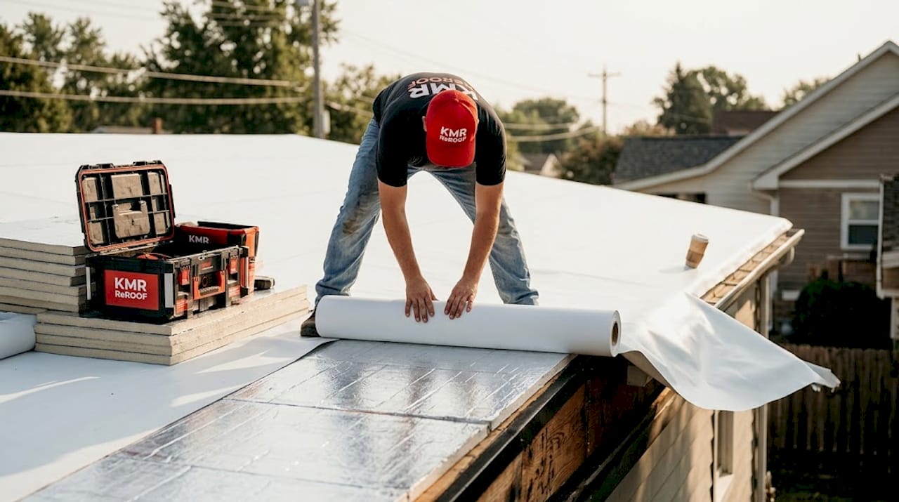 Worker fastening membrane to flat rooftop