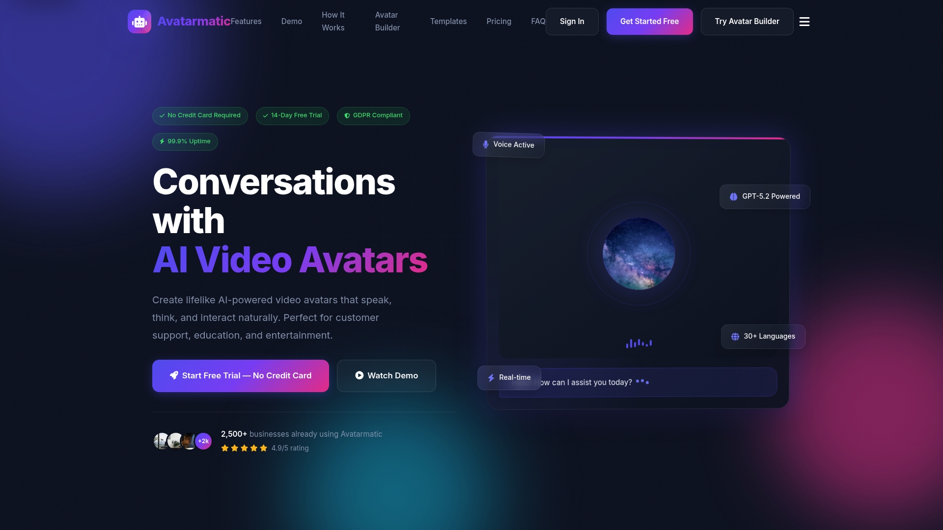 Avatarmatic website interface showcasing AI video avatars for customer engagement, featuring text options for real-time interaction and multilingual support.