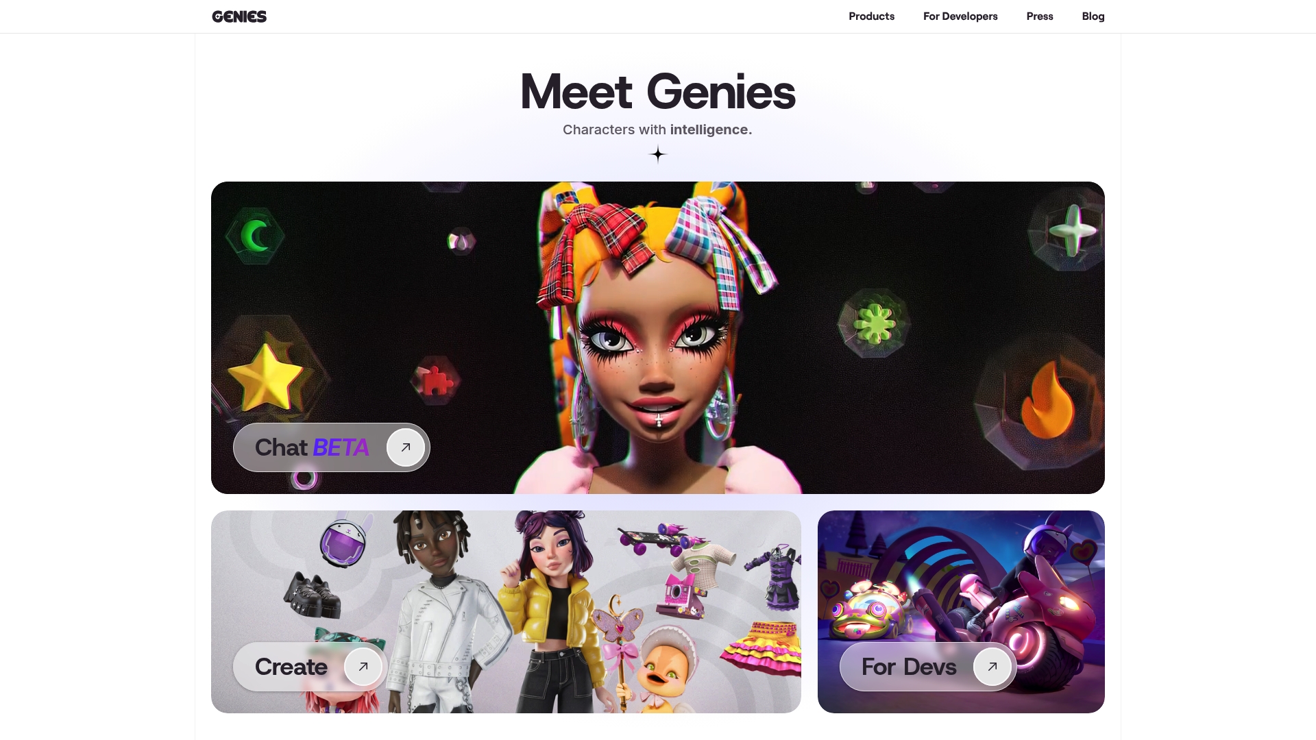 Genies platform showcasing customizable avatars with emotional intelligence, featuring vibrant designs and interactive elements for app and game integration.