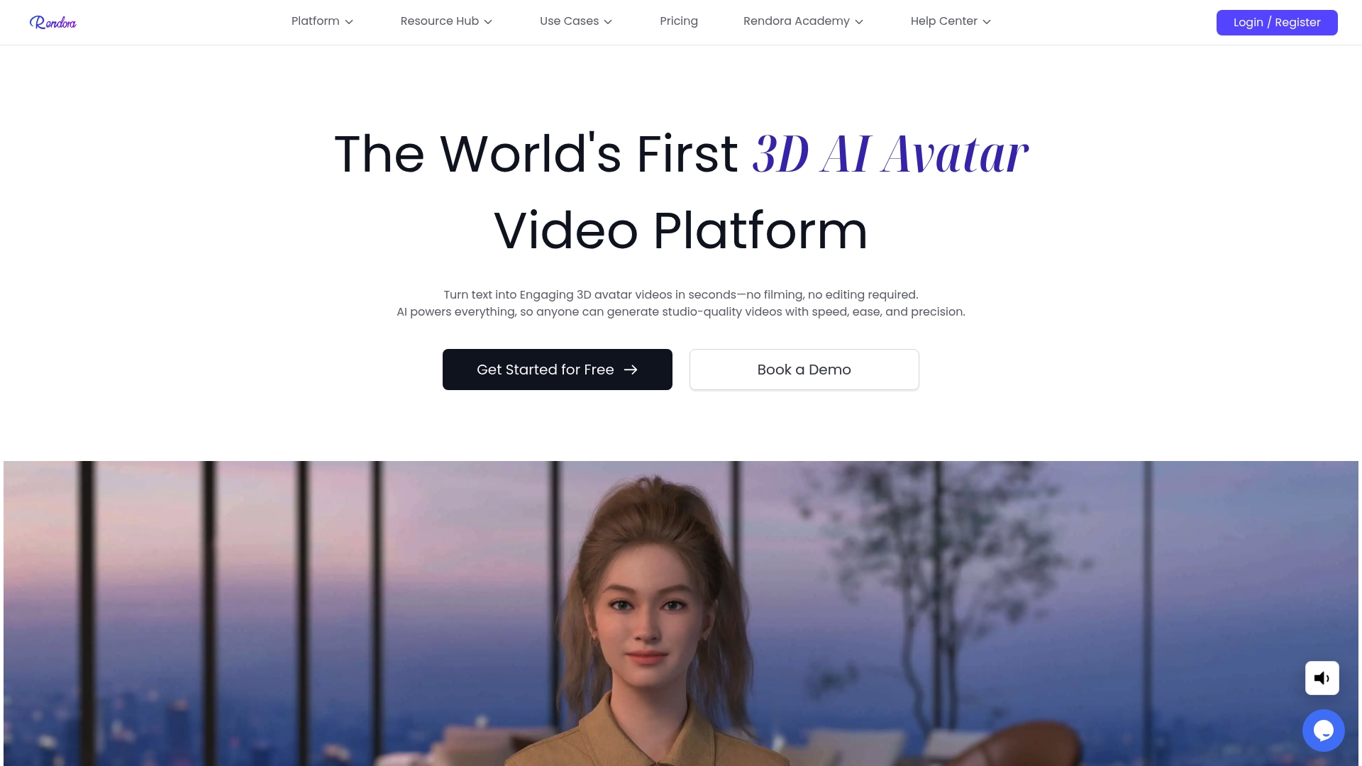 3D AI avatar video platform showcasing a realistic female avatar with customizable features, set against a modern interior backdrop, highlighting rapid text-to-video generation capabilities.