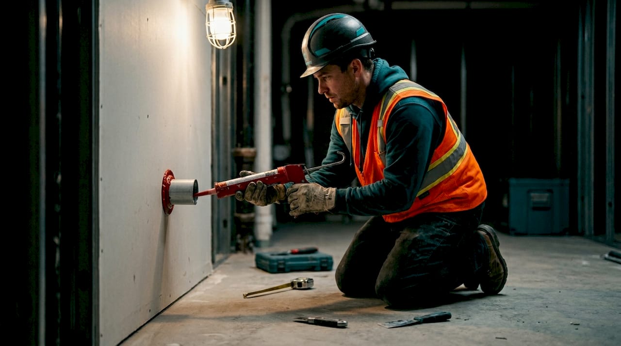 Worker sealing pipe wall opening with firestop