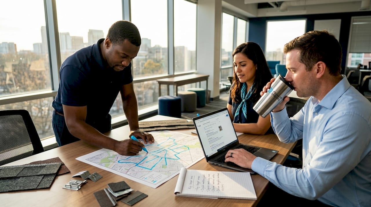 Roofing team planning local SEO content strategy