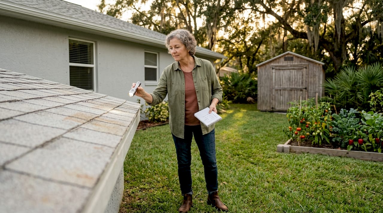 Homeowner inspecting recently coated roof