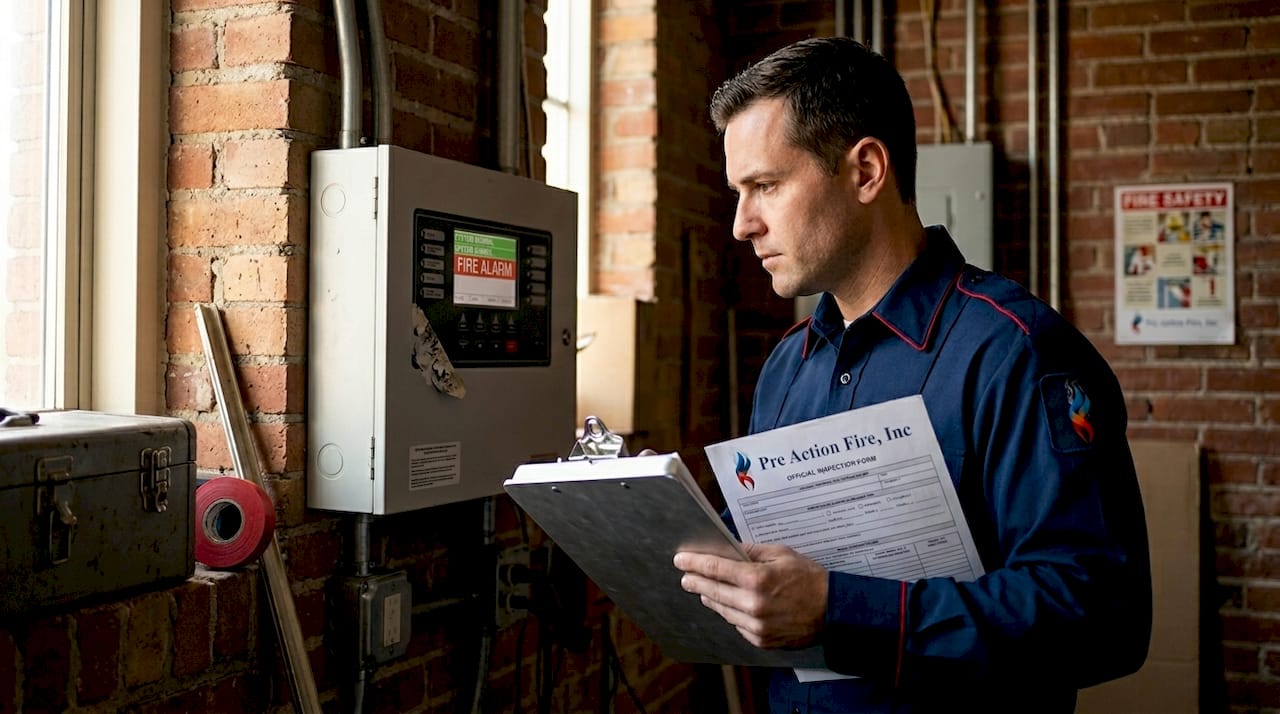 Fire inspector checks commercial fire alarm panel