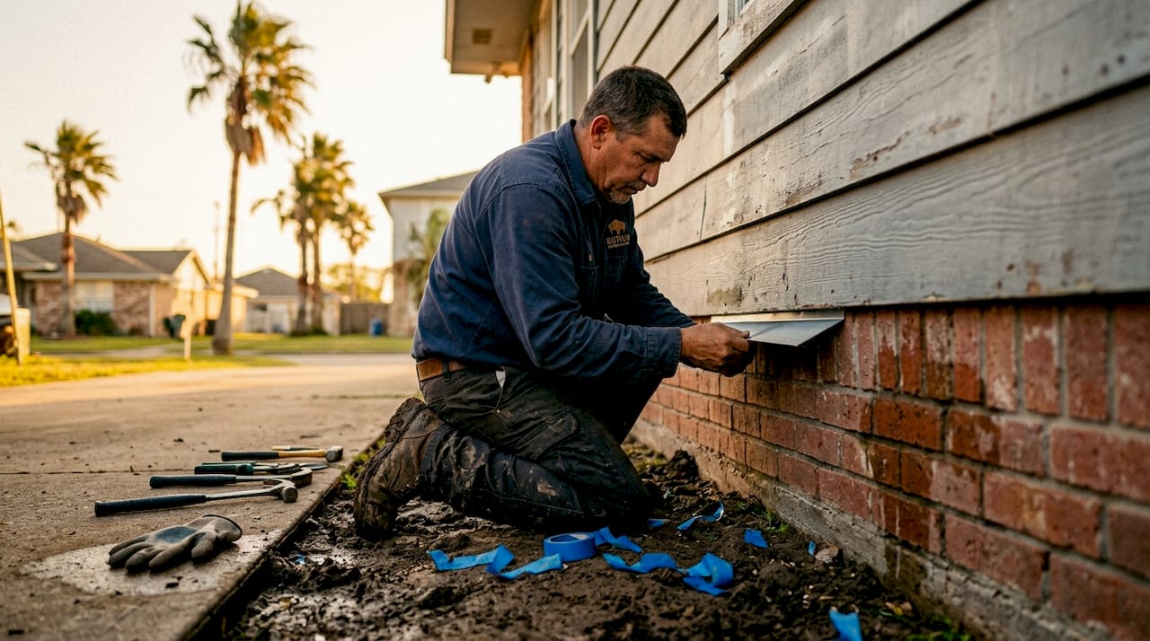 Contractor fixing flashing on Texas home
