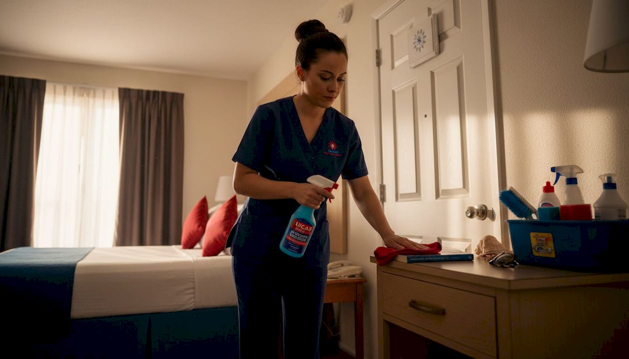 Housekeeper cleans with sprays near air vent