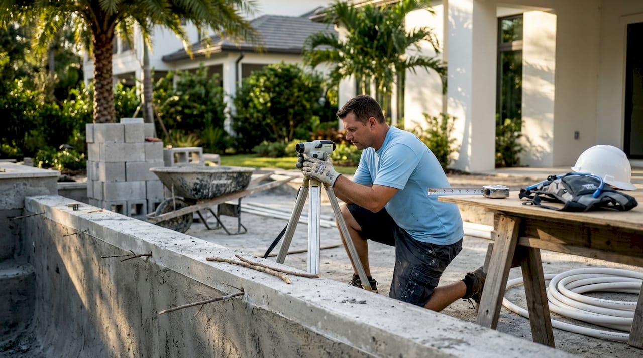 Worker checks elevation at pool construction site