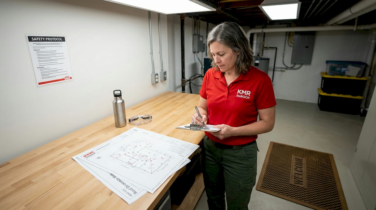 Manager reviewing roof drainage workflow documentation