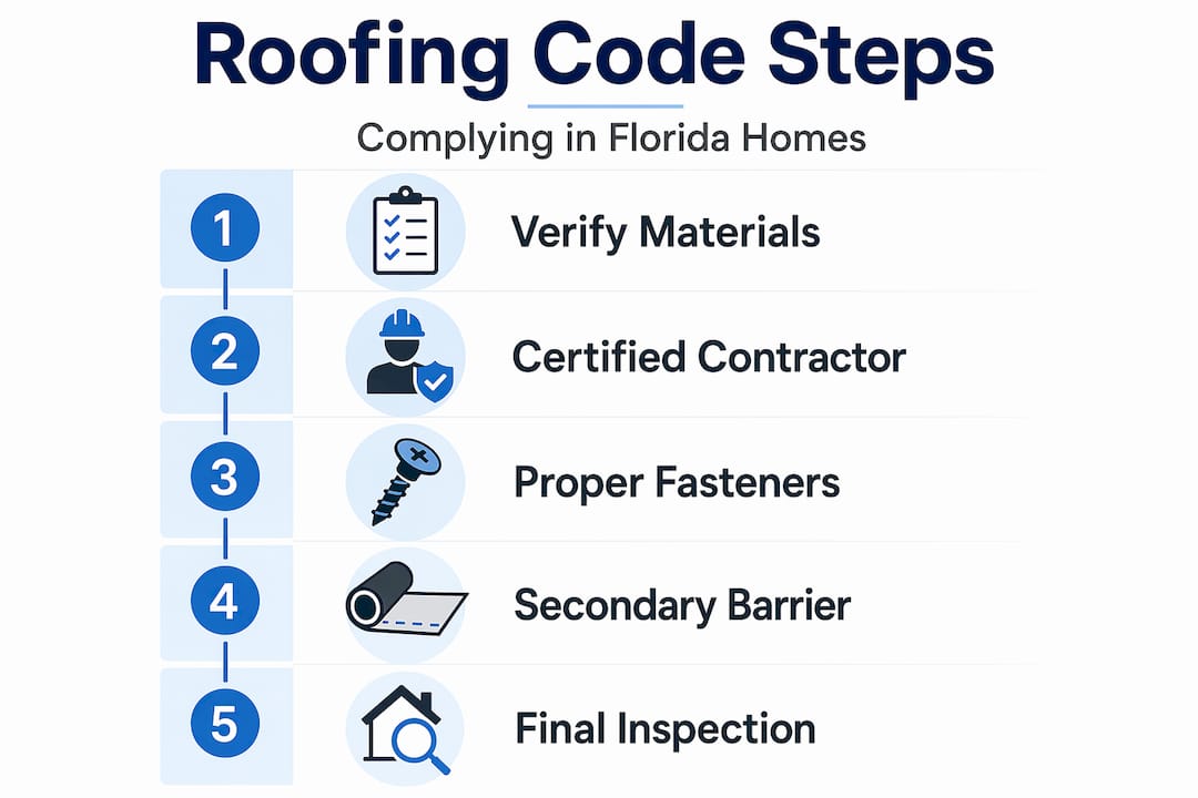 Infographic showing five roofing code steps