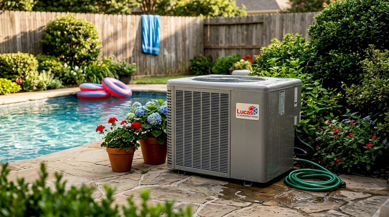 Close-up of pool heat pump unit by pool