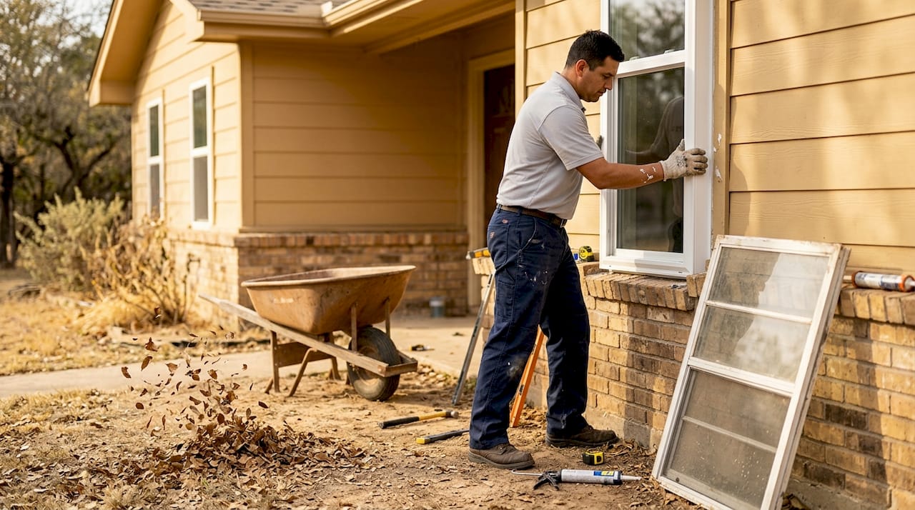 Installer fitting double-glazed window in Texas home