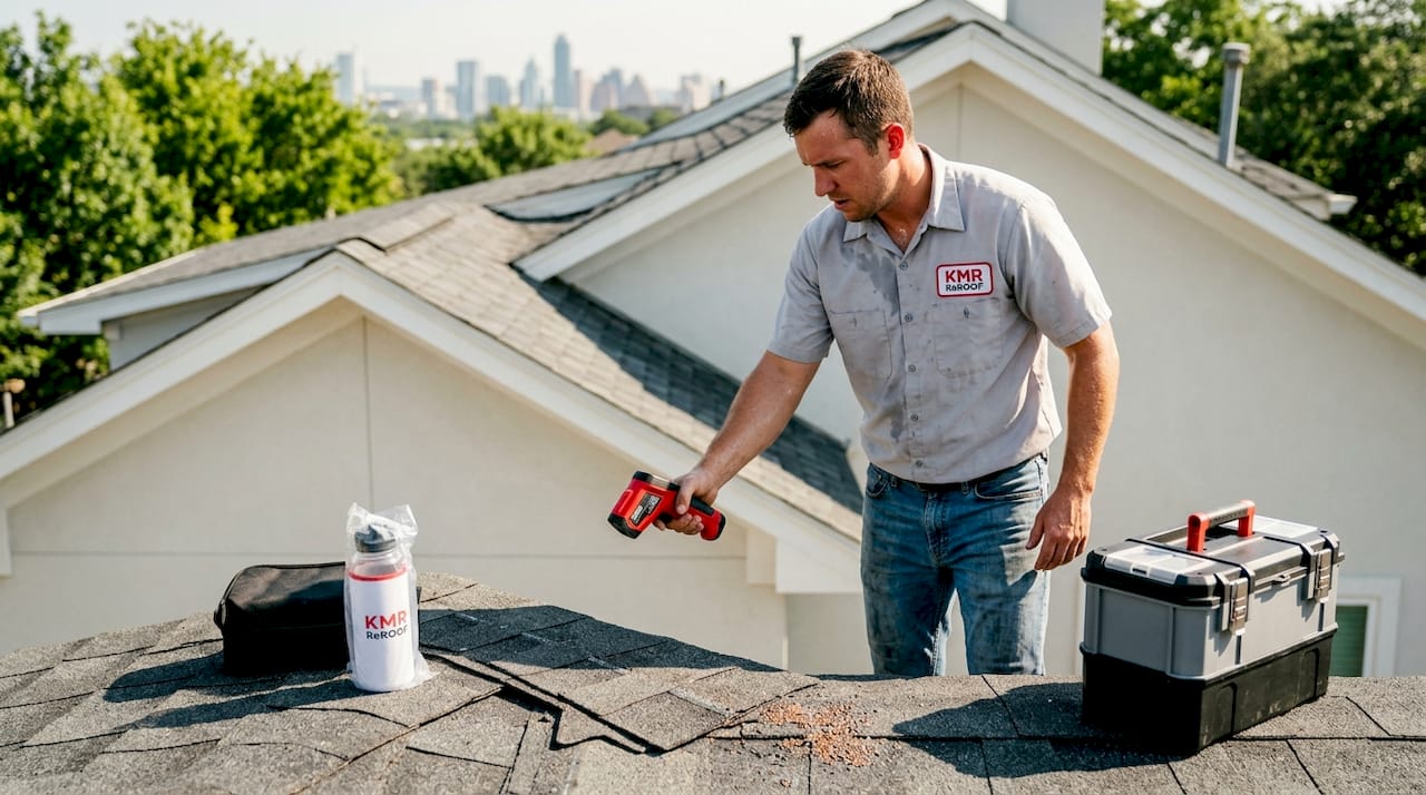 Contractor measuring summer rooftop heat