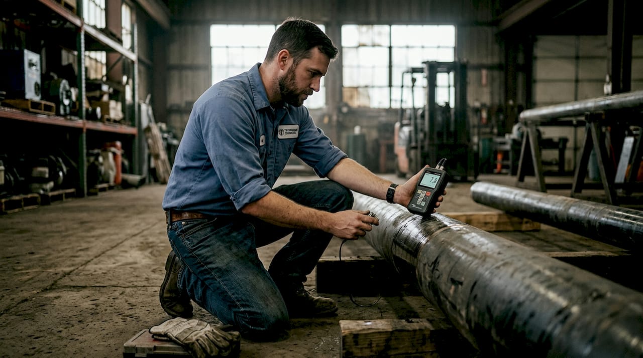 Technician checking coating thickness on pipe