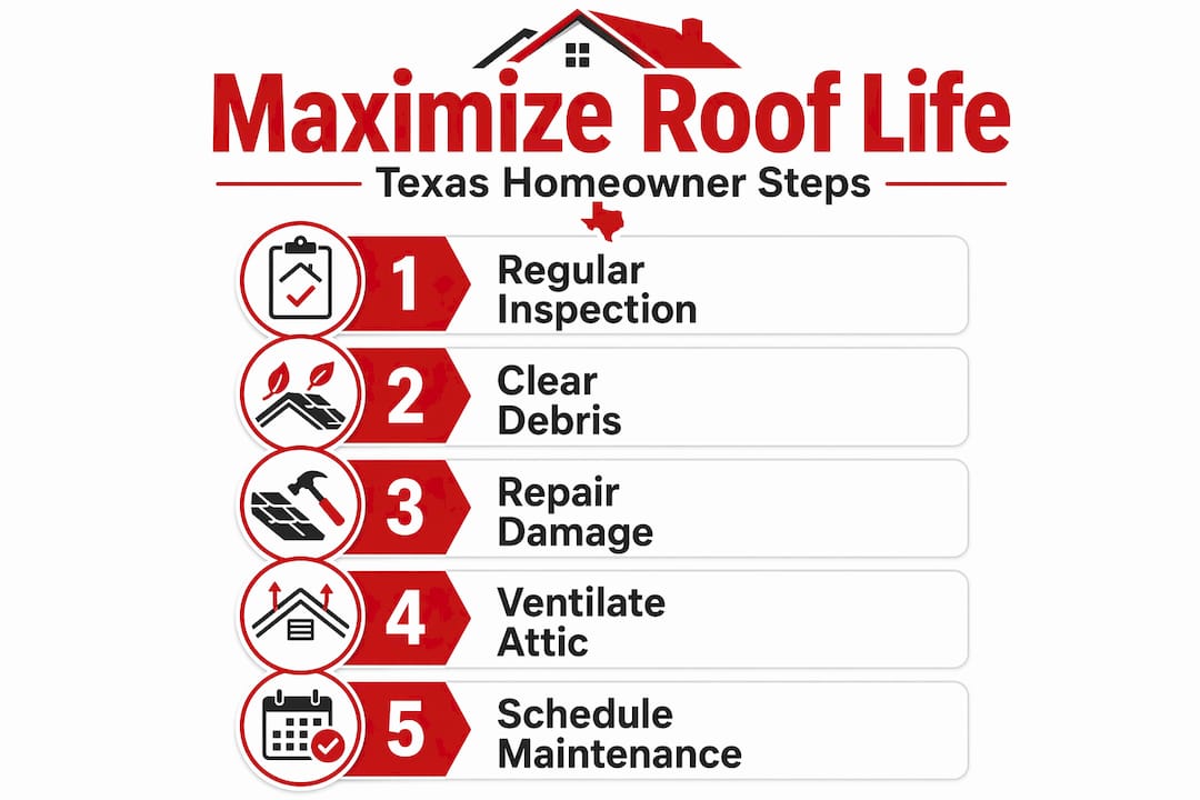 Infographic showing roof care steps for Texas homes
