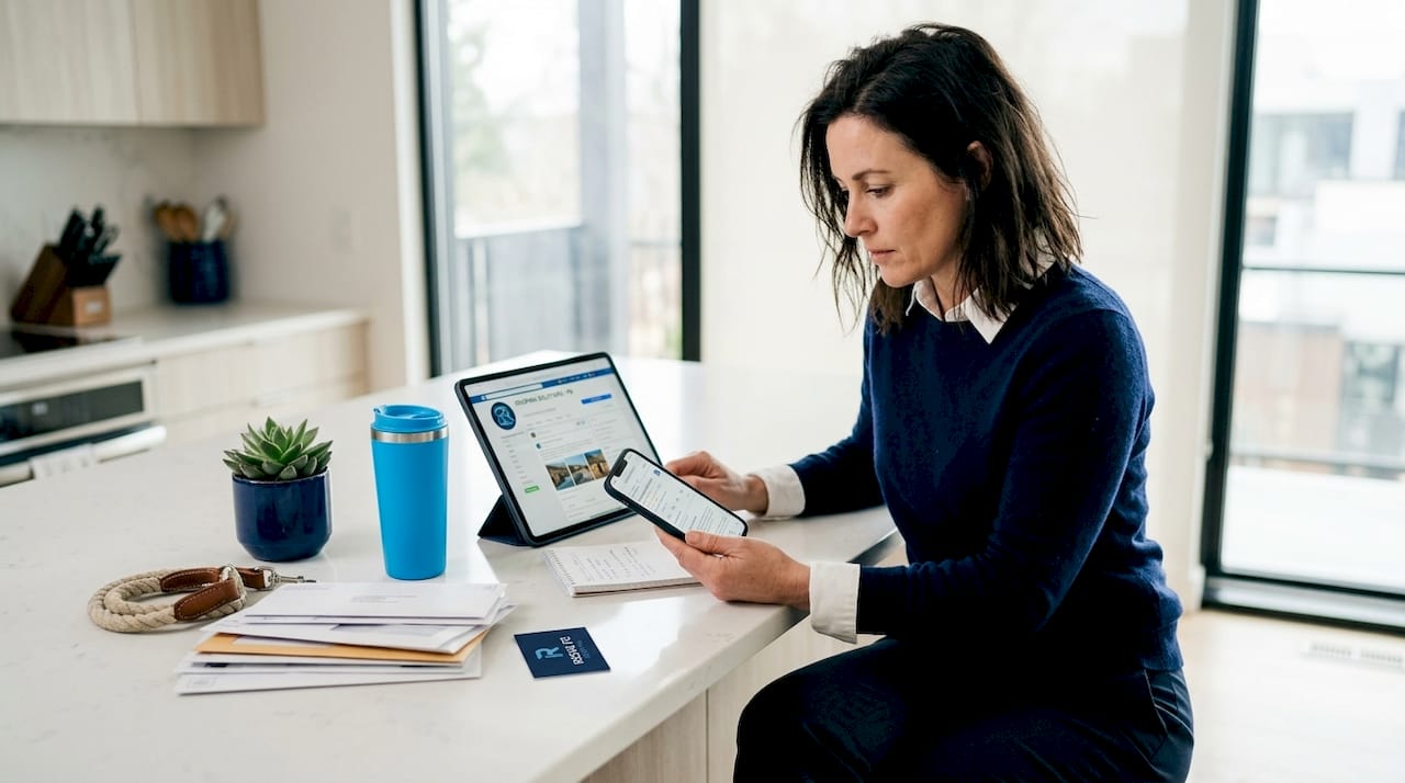 Roofing business owner checks online profiles at kitchen counter