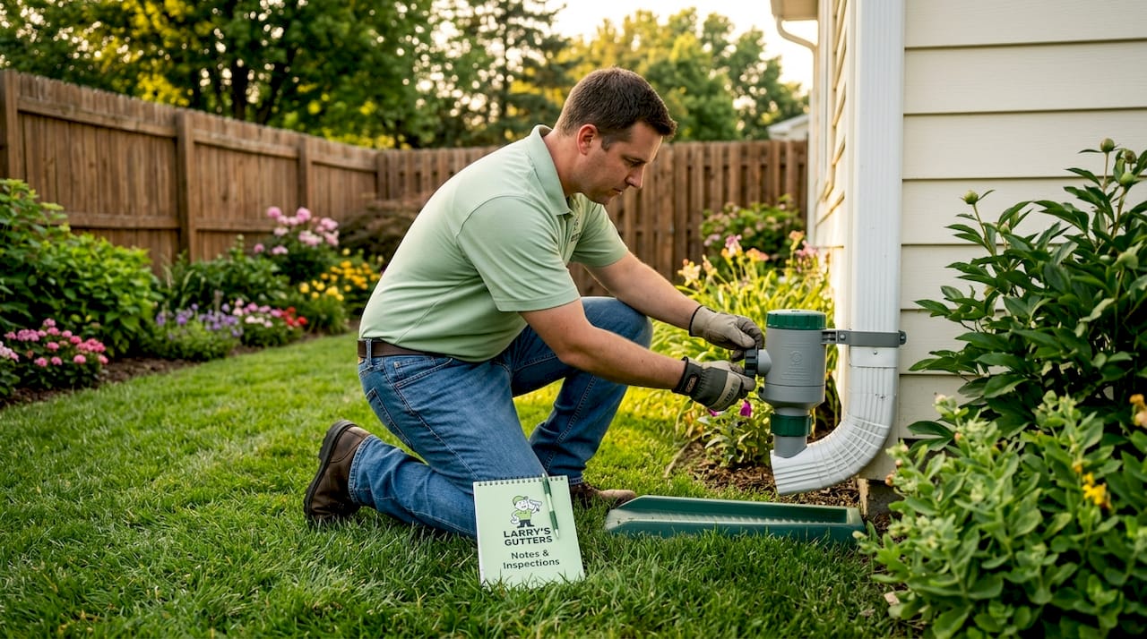 Technician inspecting gutter diverter mechanism