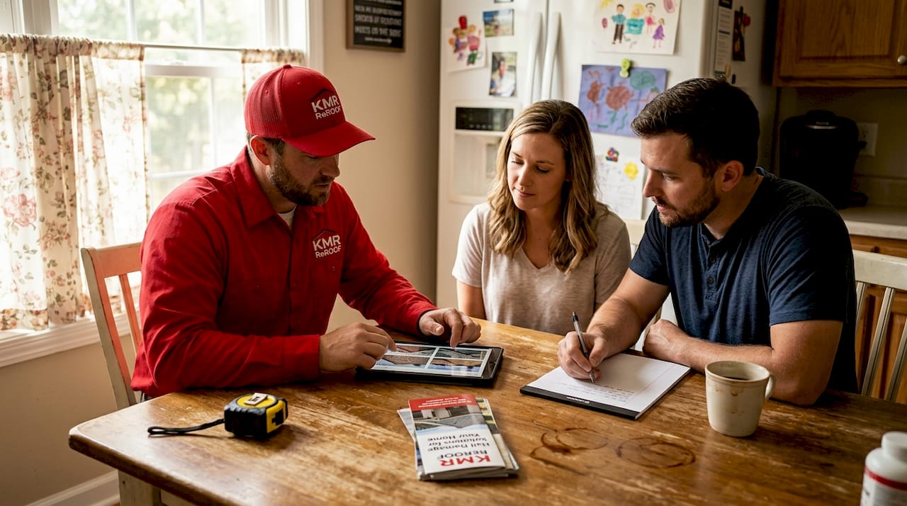 Roofer explaining hail resistant shingles to couple