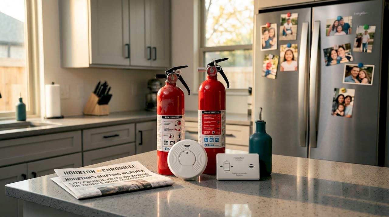 Fire safety devices on kitchen counter