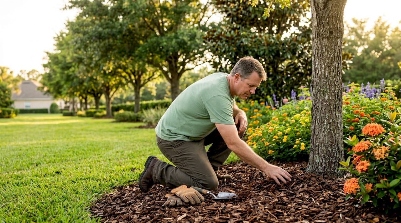 Homeowner tending well-maintained curbside trees