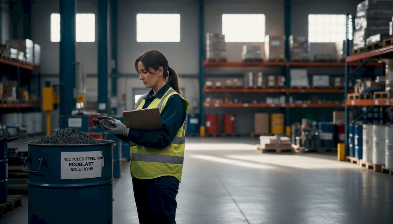 Manager inspects steel grit storage container