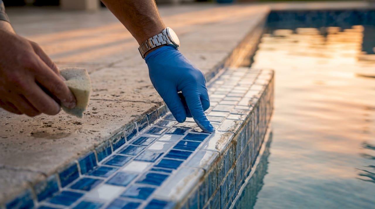 Homeowner applying epoxy grout to pool tiles