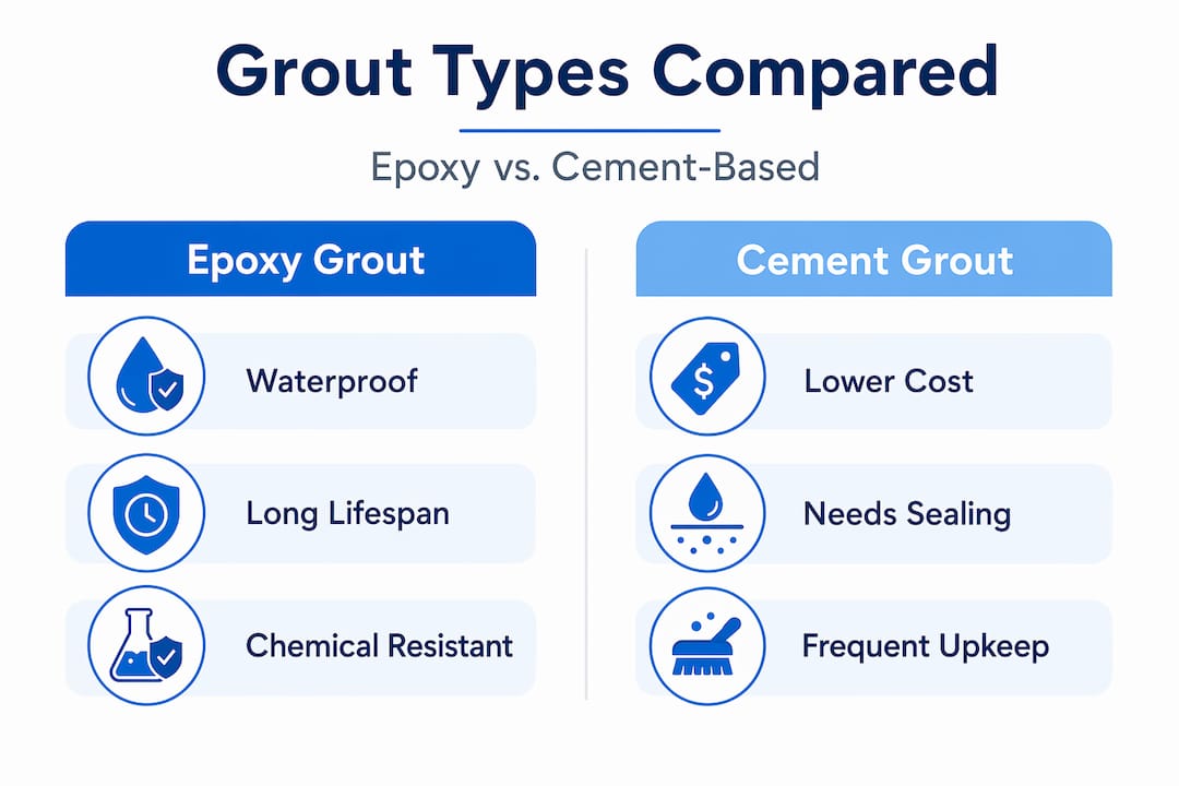 Infographic comparing epoxy and cement pool grouts