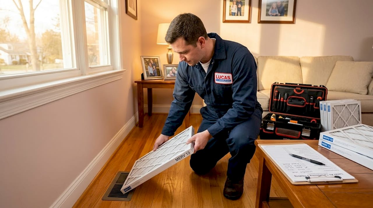 Technician replacing home HVAC air filter