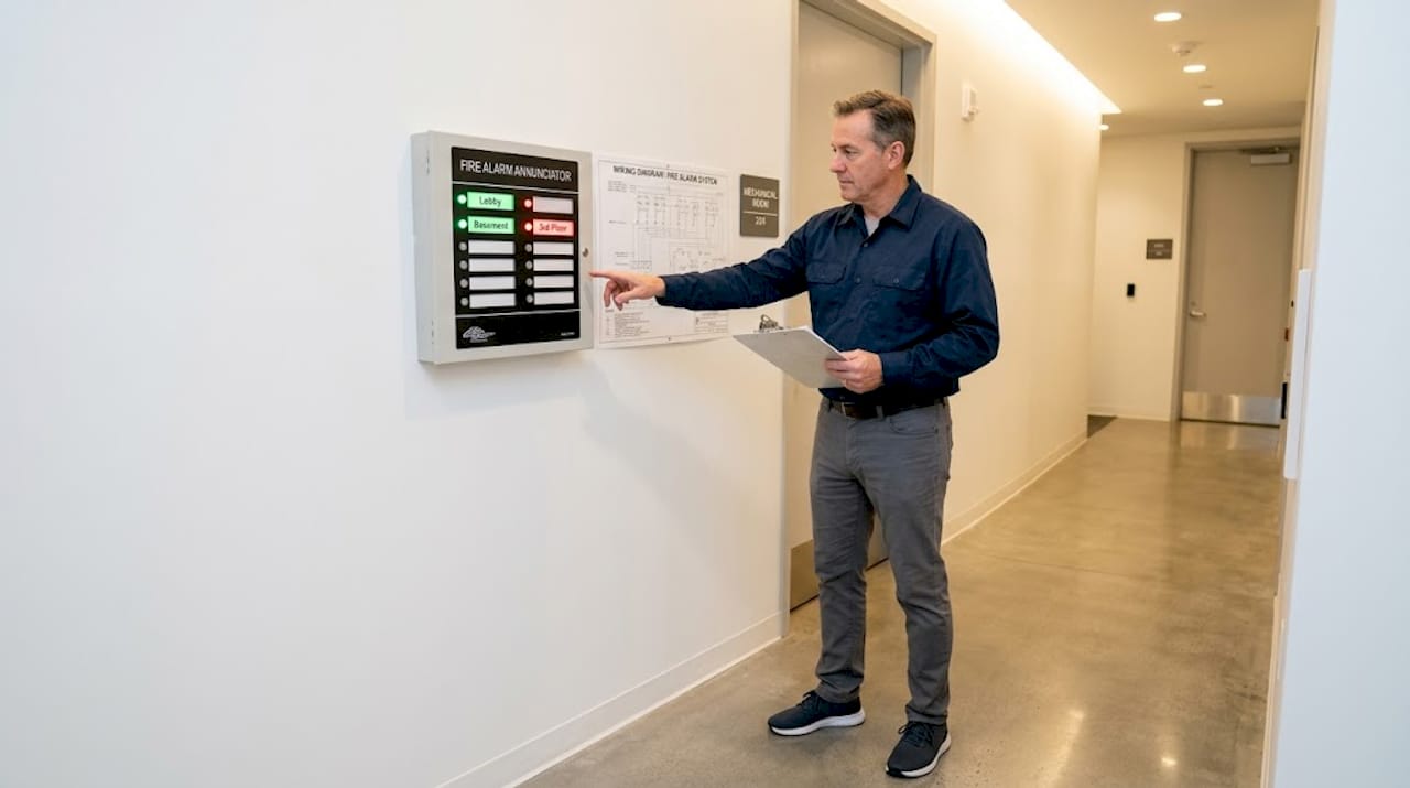 Facility manager checking fire alarm annunciator