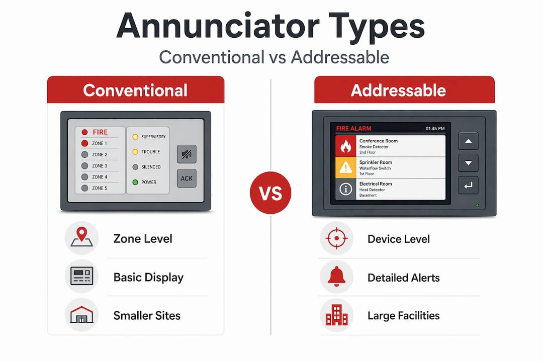 Infographic comparing conventional and addressable annunciators