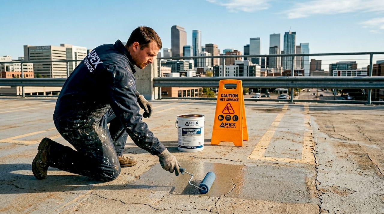 Technician applies polyurethane to cracked parking deck