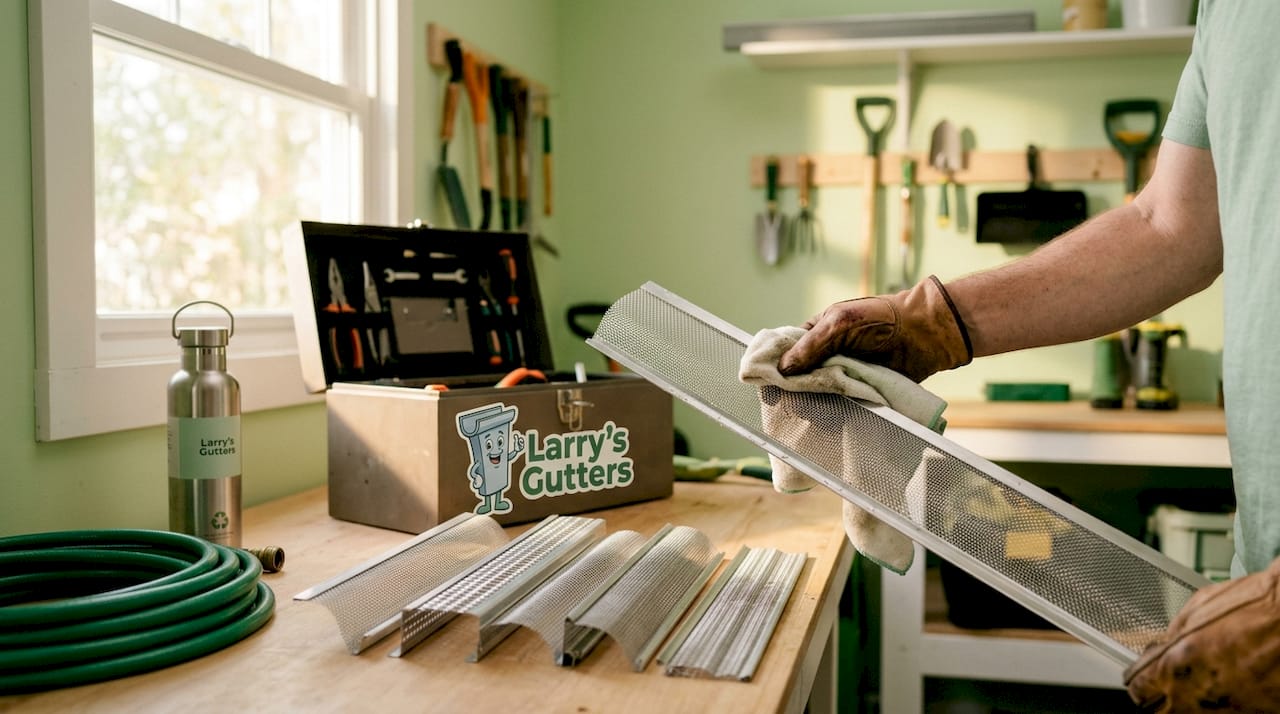 Aluminum and steel gutter screens on workbench