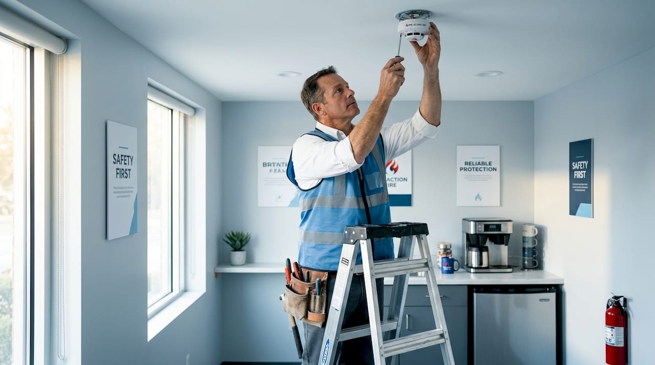 Electrician maintaining ceiling smoke detector