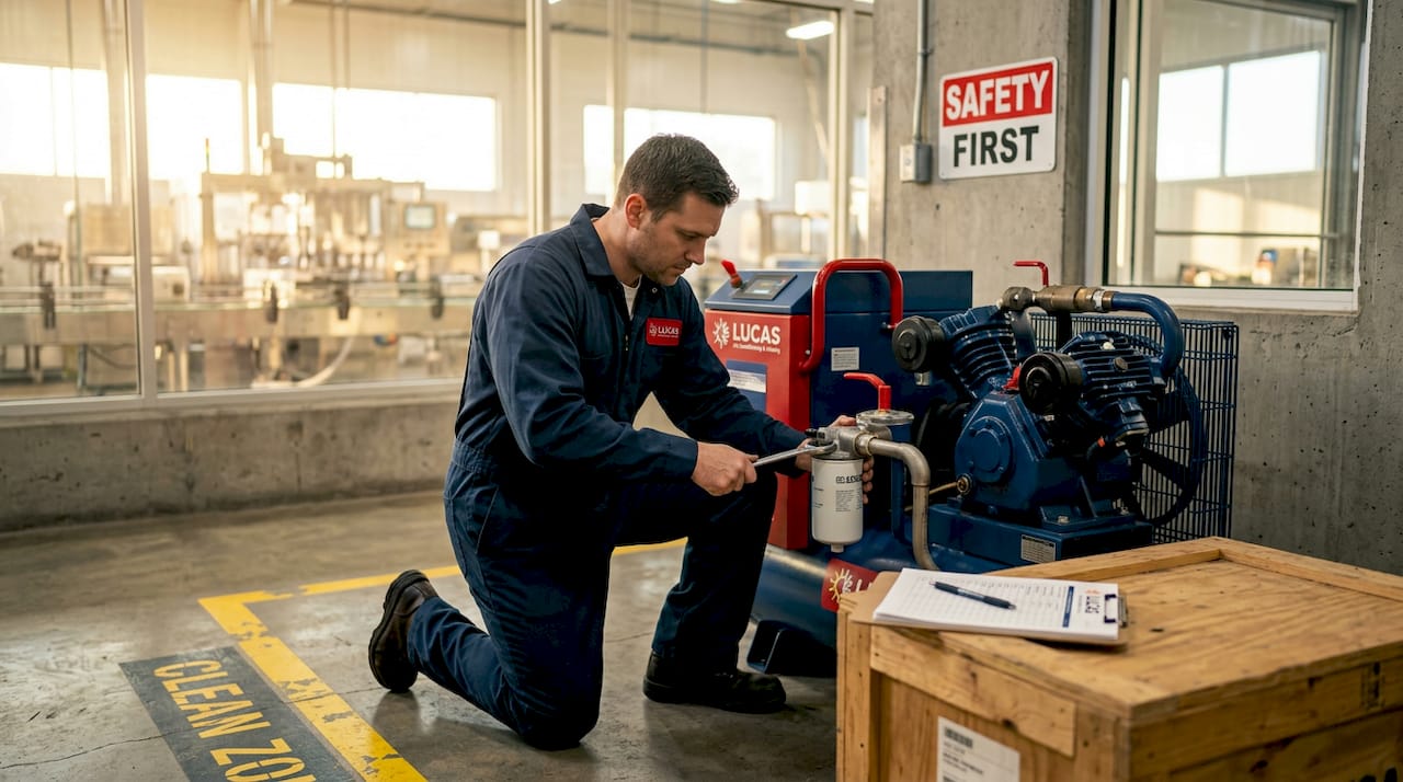 Technician servicing compressor in food plant