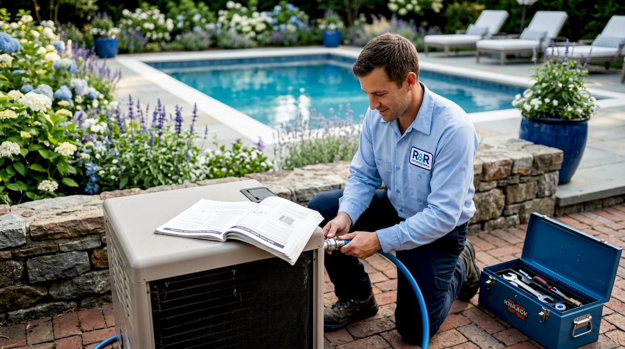 Technician working on gas pool heater outdoors